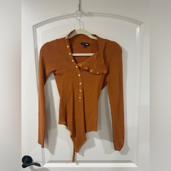 Fashion Nova Bodysuit L Orange Asymmetrical Long Sleeve Snap Button Front - Picture 2 of 5